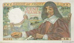 100 Francs DESCARTES FRANCE  1943 F.27.03 VF+