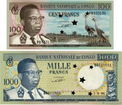 100 et 1000 Francs Annulé RÉPUBLIQUE DÉMOCRATIQUE DU CONGO  1964 P.006s et P.008s pr.NEUF