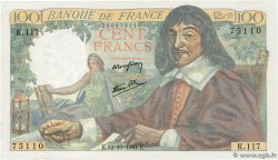 100 Francs DESCARTES FRANCE  1944 F.27.08 AU-