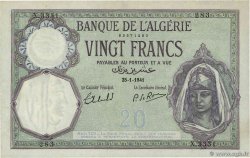 20 Francs ALGERIA  1941 P.078c q.AU