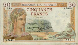 50 Francs CÉRÈS modifié FRANCE  1938 F.18.09 TB