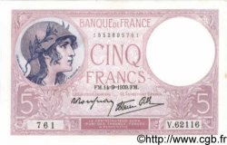 5 Francs FEMME CASQUÉE modifié FRANCE  1939 F.04.08 pr.NEUF