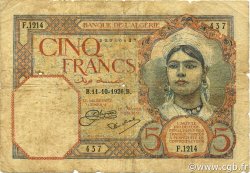 5 Francs ALGÉRIE  1926 P.077a B