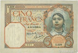 5 Francs ALGÉRIE  1939 P.077a TTB à SUP