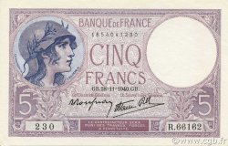 5 Francs FEMME CASQUÉE modifié FRANCE  1940 F.04.15 pr.NEUF