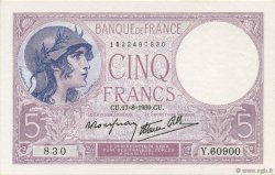 5 Francs FEMME CASQUÉE modifié FRANCE  1939 F.04.06 NEUF