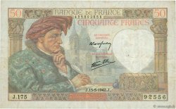 50 Francs JACQUES CŒUR Grand numéro FRANCE  1942 F.19.20 TTB