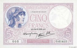 5 Francs FEMME CASQUÉE modifié FRANCE  1939 F.04.07 UNC