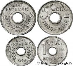 INDOCHINE FRANÇAISE Lot de 2 monnaies 1 et 5 Centièmes 1943 Hanoï