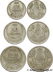 TUNISIE - PROTECTORAT FRANÇAIS Lot de trois monnaies de 20, 50 et 100 Francs AH1370 1950 Paris
