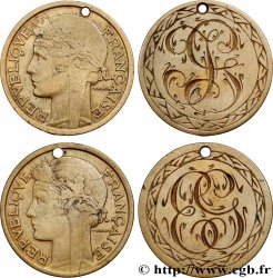 III REPUBLIC Lot de 2 francs Morlon transformés en médaille de mariage