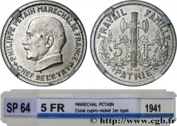 Essai de 5 francs Pétain en cupro-nickel, 1er projet de Bazor 1941 Paris GEM. 142 16