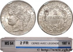 2 francs Cérès, avec légende 1887 Paris F.265/13 SPL64 GENI