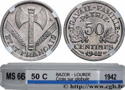 50 centimes Francisque, lourde, premiers exemplaires avec les CROIX 1942 Paris F.195/2 MS66 GENI