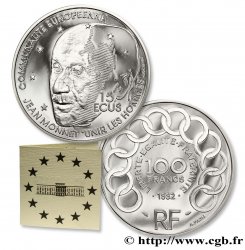 Belle Épreuve 15 écus / 100 francs Jean Monnet 1992 Paris F.460/2 var.