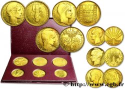 Concours monétaire de 1929, boîte de six essais, 100 francs et 10 francs en bronze-aluminium 1929 Paris VG.5216 var, 5222 var, 5223 var, 5226 var, 5231 var, 5234 var