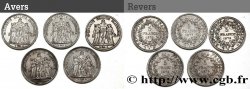 Lot de cinq pièces de 5 francs Hercule : 1873 1874 1875 1876 1877 - Paris F.334/9