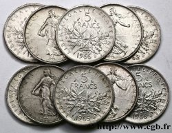 Lot de 10 pièces de 5 francs Semeuse, argent n.d. Paris F.340/8