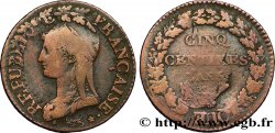 Cinq centimes Dupré, grand module,  refrappage  du décime 1797 Orléans F.114/10 TB28