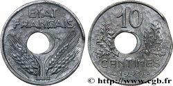 10 centimes État français, grand module, double-fautée, trou décentré (type I) et flan clipé 1943  F.141/5