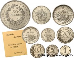 Série complète des neuf piéforts en argent : 50, 10, 5, 1 et 1/2 franc et 20, 10, 5 et 1 centime 1974 Pessac F.365, 340, 226, 198, 156, 144, 125 et 106/P