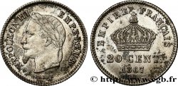 20 centimes Napoléon III, tête laurée, grand module 1867 Strasbourg F.150/2