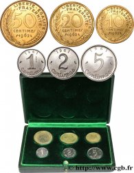 Boîte de la Commission Monétaire de 1959 présentant les trois essais de 50, 20 et 10 centimes Lagriffoul/Dieudonné et les trois essais 5, 2 et 1 centime(s) Épi n.d. Paris GEM.274 4