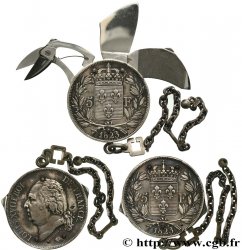 5 francs Louis XVIII, tête nue, transformé en porte-clé avec lime à ongle, couteau et paire de ciseaux 1823 Lille F.309/87 var. TTB