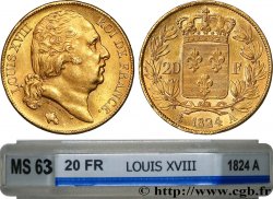 20 francs or Louis XVIII, tête nue 1824 Paris F.519/31 MS63 GENI