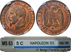 Cinq centimes Napoléon III, tête laurée 1862 Strasbourg F.117/6