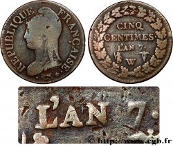 Cinq centimes Dupré, grand module, en L’AN/L’AZ 1799 Lille F.115/76 var. B+