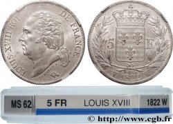 5 francs Louis XVIII, tête nue 1822 Lille F.309/75