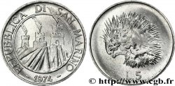 SAINT-MARIN 5 Lire 3 tours / hérisson 1974 Rome - R SPL