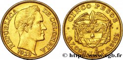 COLOMBIE 5 Pesos or type grosse tête Simon Bolivar 1923 Bogota