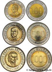 ECUADOR 100, 500 et 1000 Sucres 70e anniversaire de la banque centrale 1997 