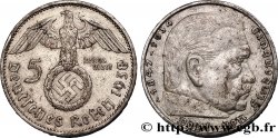 ALLEMAGNE 5 Reichsmark aigle surmontant une swastika / Maréchal Paul von Hindenburg 1938 Berlin