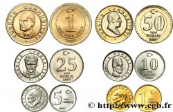 TURCHIA Lot de 6 monnaies 1, 5, 10, 25 et 50 Kurus, 1 Lira 2007 
