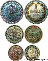 FINLANDE - GRAND-DUCHÉ - ALEXANDRE III Lot de 25, 50 Pennia et 1 Markka 1865-1866 Helsinki