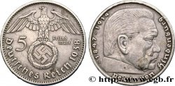 ALLEMAGNE 5 Reichsmark aigle surmontant une swastika / Maréchal Paul von Hindenburg 1938 Berlin