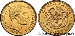 COLOMBIA 5 Pesos or type grosse tête Simon Bolivar 1919 Bogota