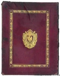 PRIMO IMPERO Grand livre-médaillier (format 26x35 cm) en bois recouvert de cuir en mauvais état aux armes impériales, inscrit sur la tranche NAPOLEON/ MEDALS/ ANDRIEU et contenant deux plateaux de velours 24x32 cm épaisseur de 1 centimètre avec deux médailles dans un plateau vert et huit médailles dans un plateau ocre