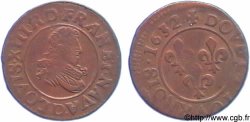 LOUIS XIII LE JUSTE Double tournois, petit buste juvénile à grande fraise de Lyon 1632 Lyon