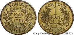 GOUVERNEMENT PROVISOIRE DE LA RÉPUBLIQUE FRANÇAISE - TUNISIE - PROTECTORAT FRANÇAIS Essai - piéfort 1 franc en bronze-aluminium AH 1364 = 1945 Paris