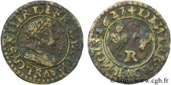 LOUIS XIII LE JUSTE Denier tournois, grosse tête juvénile au col plat de Villeneuve 1627 Saint-André de Villeneuve-lès-Avignon