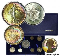 Série de neuf piéforts en argent : 50 francs Hercule, 10 francs Mathieu, 1/2-1-5 francs Semeuse, 5-10-20 centimes Marianne, 1 centime Épi 1974 Paris P
