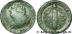 LOUIS XVI 2 sols dit au faisceau , type FRANÇOIS 1792 Pau
