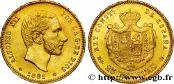 ESPAGNE - ROYAUME D ESPAGNE - ALPHONSE XII 25 pesetas or, tête âgée 1881 Madrid
