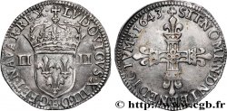 LOUIS XIII  Quart d écu, à la croix fleurdelisée, titulature côté écu 1643 Tours AU/AU