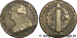 LOUIS XVI (MONARQUE CONSTITUTIONNEL) 2 sols dit au faisceau , type FRANCOIS 1792 Lille