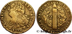 LOUIS XVI (MONARQUE CONSTITUTIONNEL) 2 sols dit au faisceau , type FRANÇOIS 1792 Arras